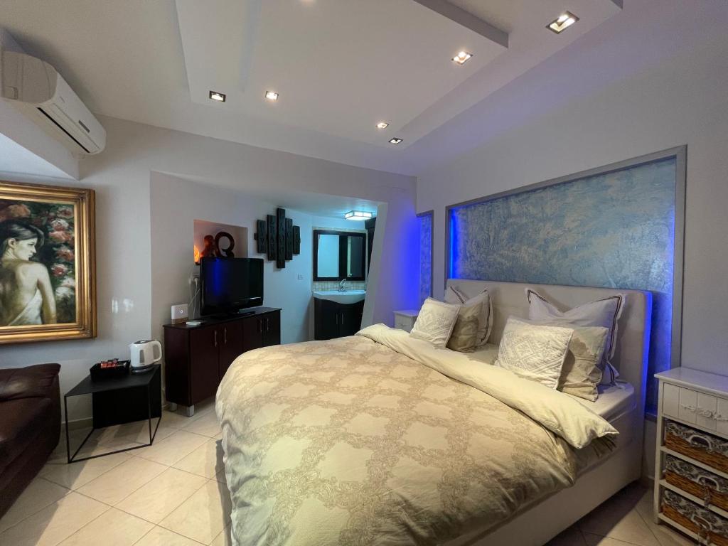 埃拉特Eilat Beach House的一间卧室配有一张大床和电视