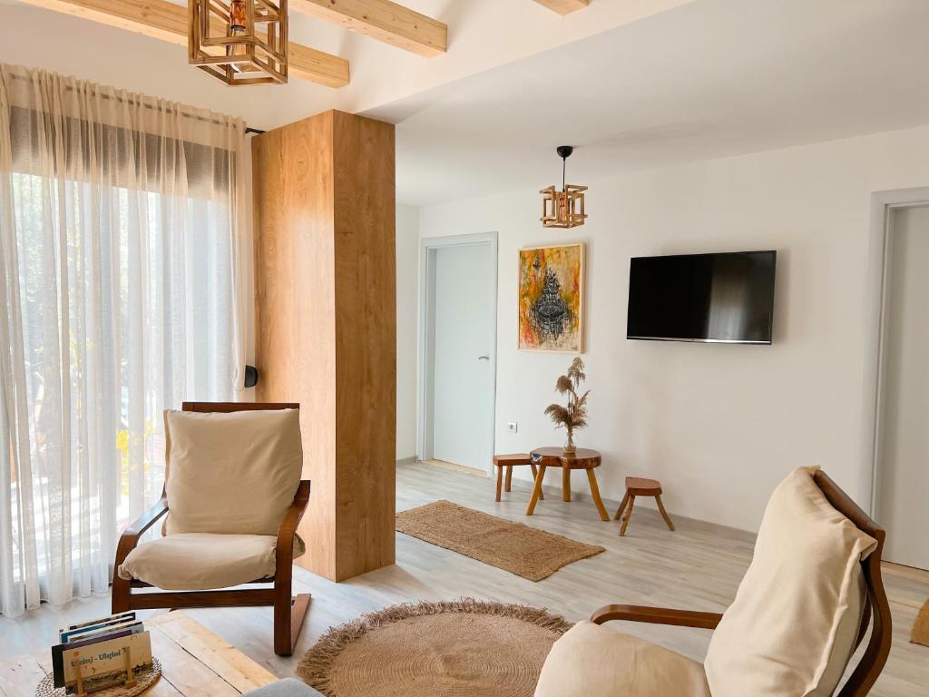 乌尔齐尼Mawa Cottage的客厅配有沙发、椅子和电视