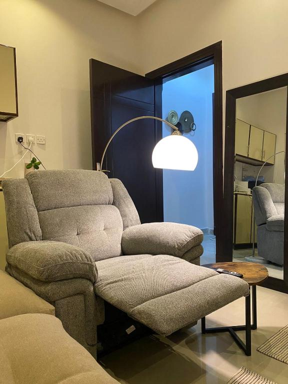 利雅德شقة مدخل خاص دخول ذاتي的客厅配有沙发、椅子和灯