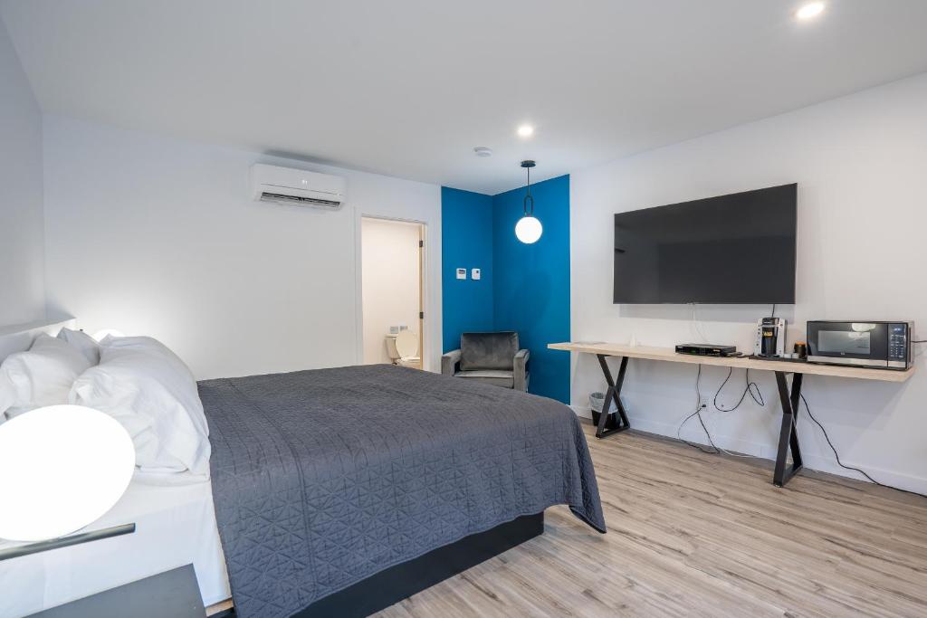 拉马巴耶Le 2020 Charlevoix的一间卧室配有一张床和一张书桌及电视