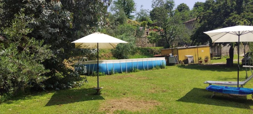 雷杰洛La Casa del Nonno - Tiny House的院子里的两把白色遮阳伞,带游泳池