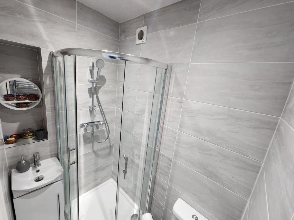 WembleyCosy Studio Wembley Stadium Gem的带淋浴、卫生间和盥洗盆的浴室