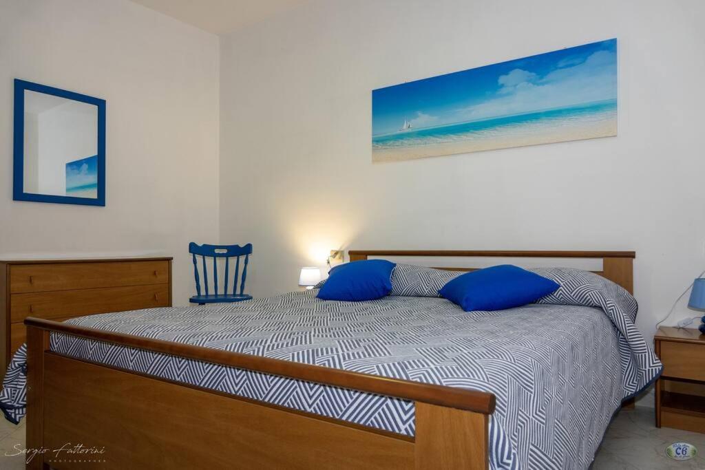 里奥内莱尔巴Cav la Ginestra vistamare Elba的一间卧室配有一张带蓝色枕头的床。