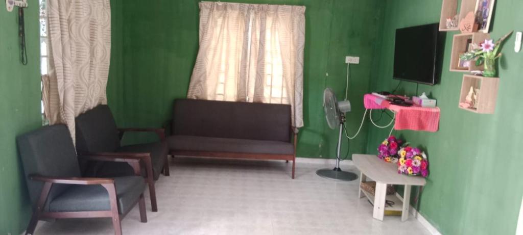 伯豪BB Bahau Homestay的客厅拥有绿色的墙壁,配有沙发和椅子