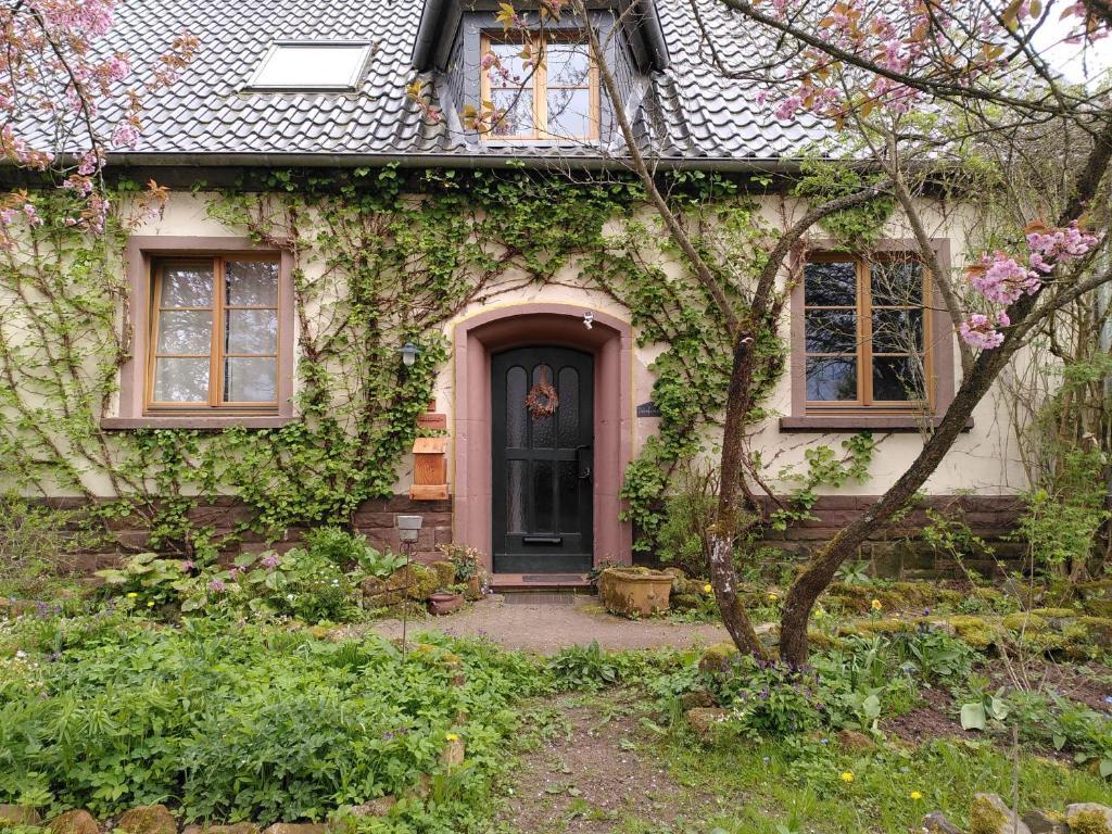 Dohm-LammersdorfDolcefarniente的常春藤覆盖的房子,有黑色的门和窗户