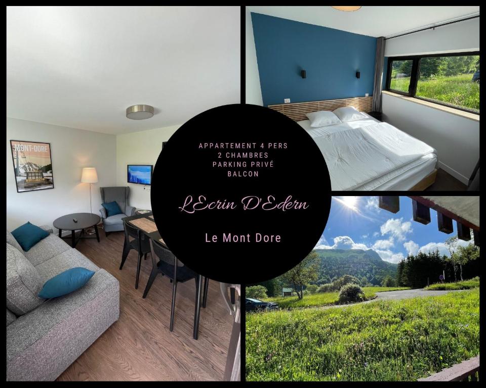 勒蒙多尔L'Ecrin d'Edern 4pers Mont Dore的一张床位和美景客房的照片拼在一起