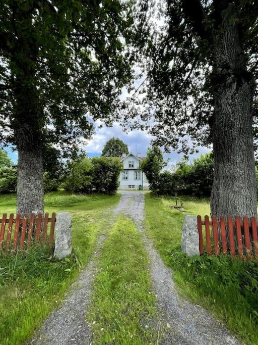 瓦伦蒂纳Charmig villa norr om Stockholm的一条通往两棵树的白色房子的道路