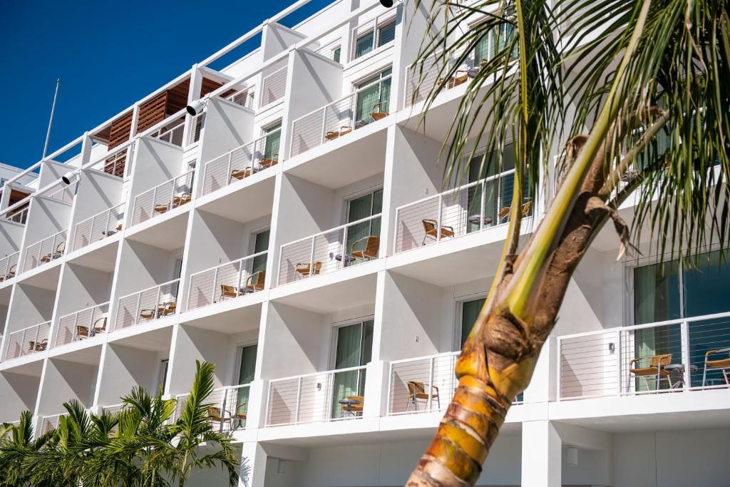萨拉索塔The Sarasota Modern, a Tribute Portfolio Hotel的一座白色的建筑,前面有棕榈树