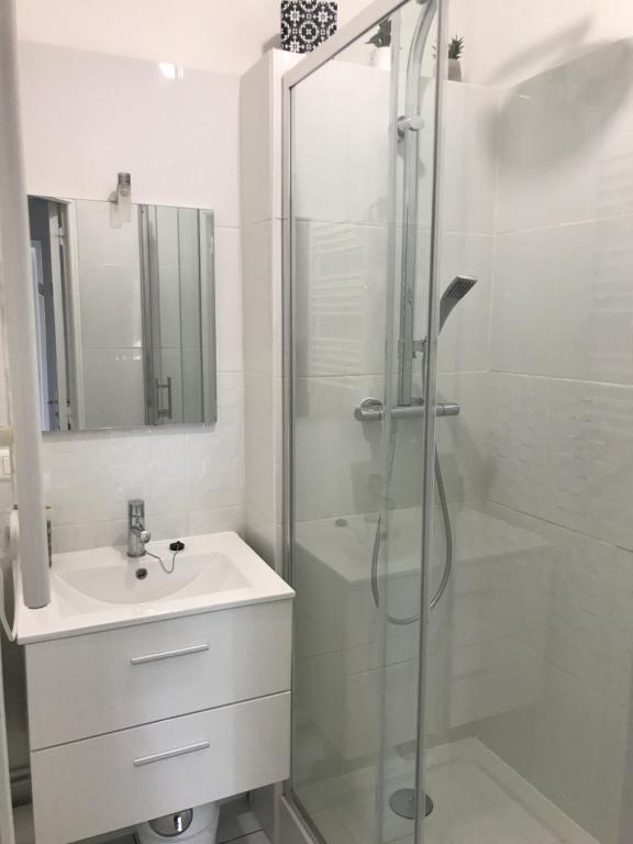 迪耶普Neuville secrete的带淋浴和盥洗盆的白色浴室