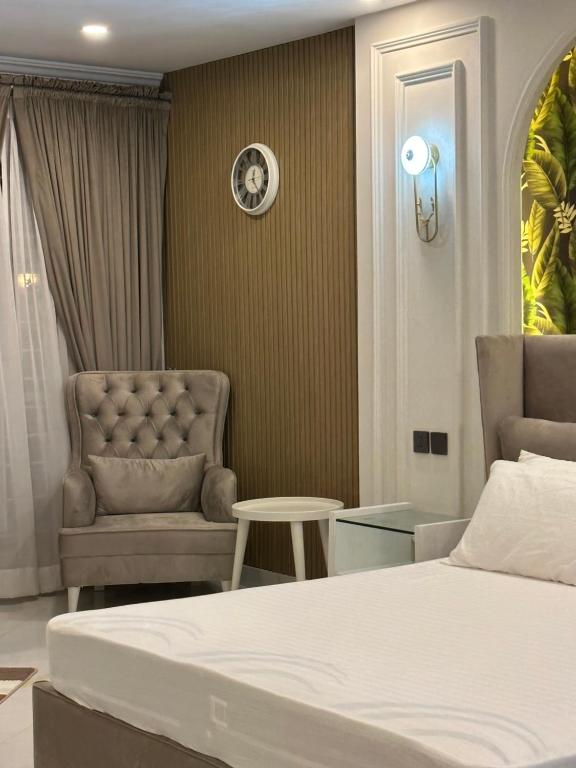 伊斯兰堡Emeralds Villa Islamabad的配有一张床和一把椅子的酒店客房
