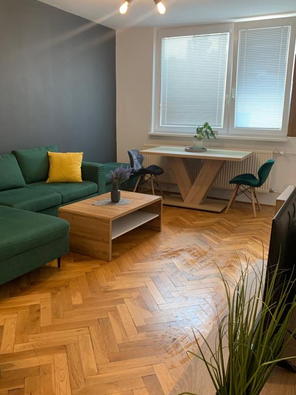 沙莫林Victory apartmán的客厅配有绿色沙发和桌子