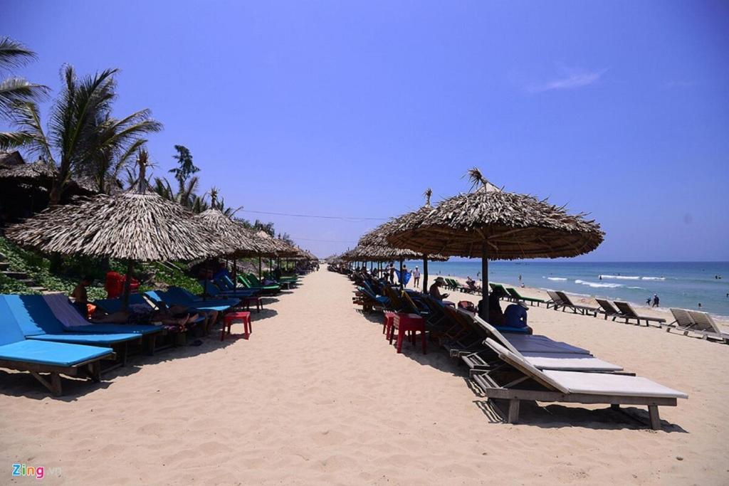 会安Cua Dai Beach Homestay的海滩上的一排椅子和遮阳伞