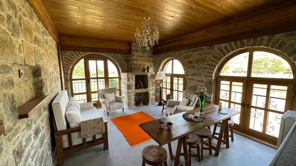 格克切达镇KİNZİ İMROZ的客厅设有木制天花板和桌椅