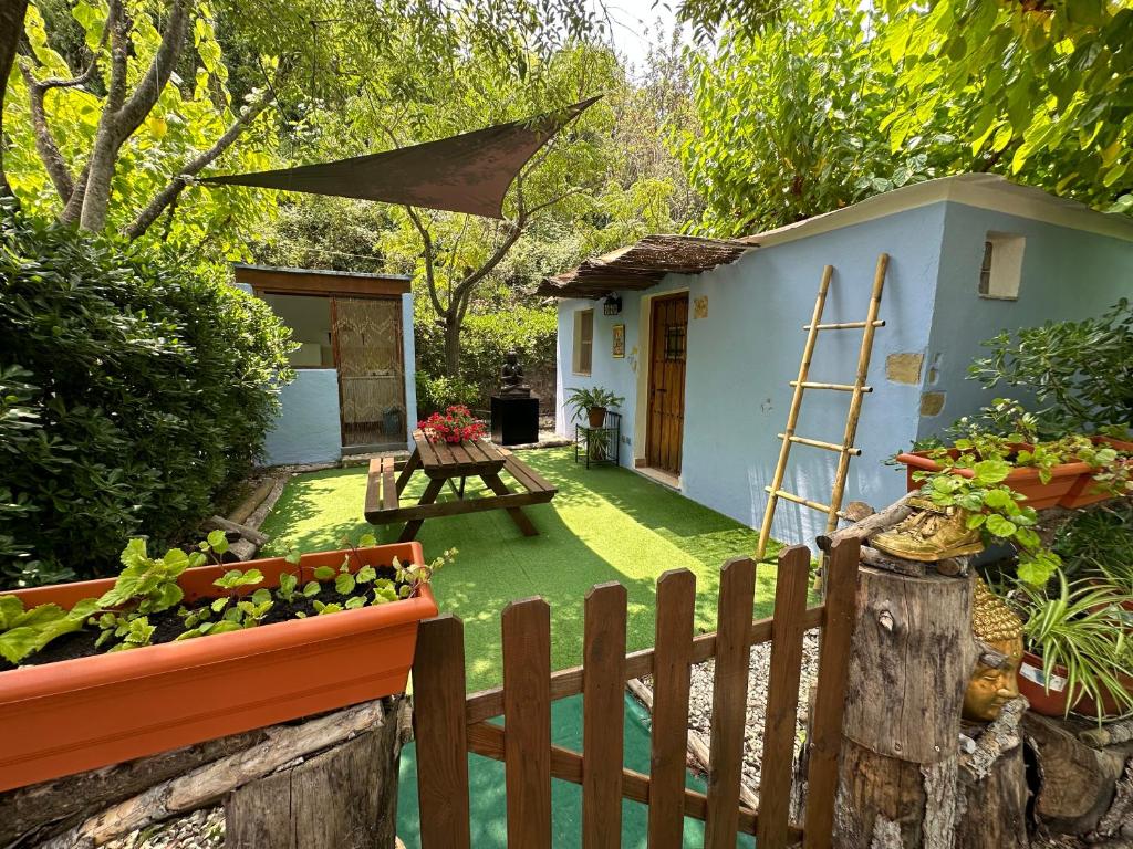 卡迪瓦New Paradaise art Gallery的一个带蓝色房子和桌子的花园