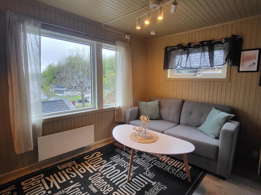 斯沃尔韦尔Koselig studioleilighet i Svolvær - Lofoten ved Svolværgeita, Djevelporten的带沙发和桌子的小客厅