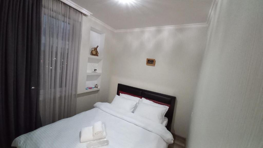 第比利斯NG Cozy App的一间卧室配有带白色床单和红色枕头的床。