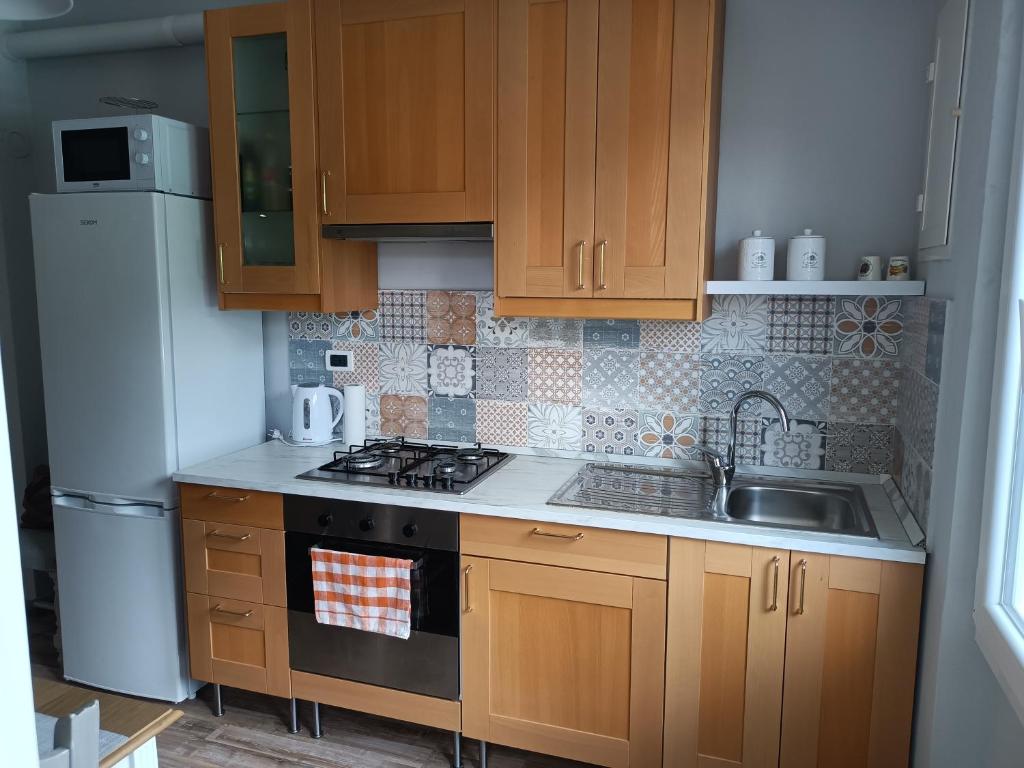 斯培西亚Decò & Retrò apartment的厨房配有木制橱柜、水槽和冰箱。