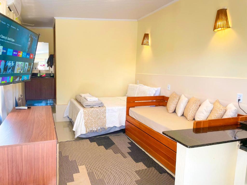 戈亚斯州上帕莱索Chalé com ar condicionado e garagem的客房设有床、沙发和电视。