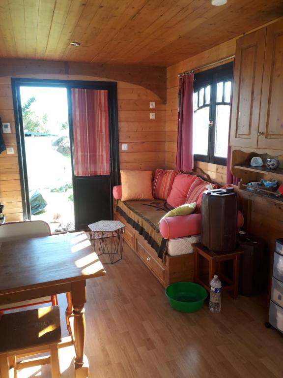 Roulotte de campagne的小木屋内带沙发的客厅
