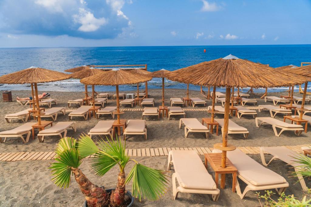 依拉佩特拉Tylissos Beach Hotel - Adults Only的海滩上设有椅子和遮阳伞,还有大海