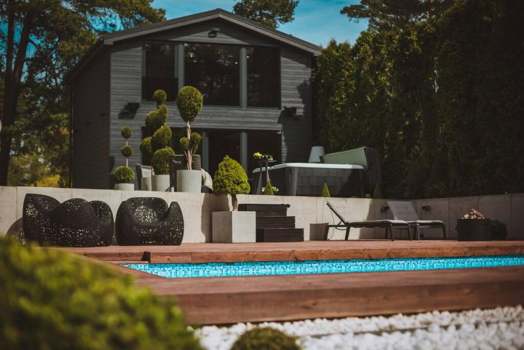 PriedkalneBLACK HOUSE - premium holiday guest house的一座带盆栽游泳池的房子