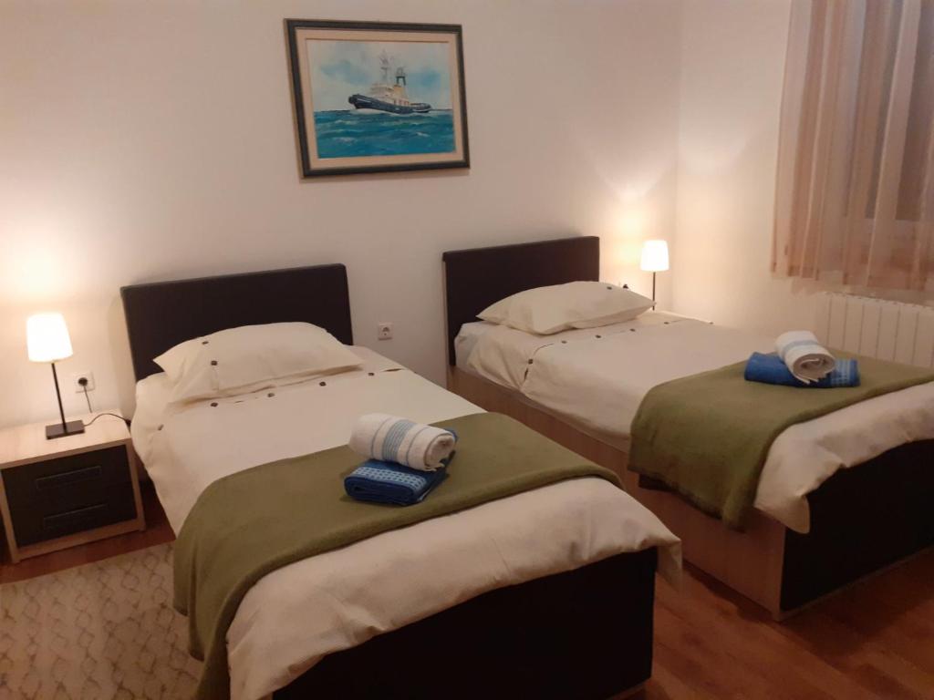 DražiceApartman Dani的一间卧室配有两张带毛巾的床