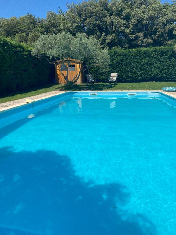 BédarridesSéde Vacante的一座大蓝色游泳池,位于房子前