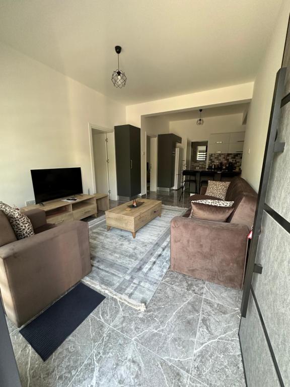 凯里尼亚Ozbilge Apartments的客厅配有2张沙发和1台平面电视