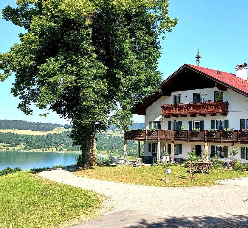 Oberhofen am IrrseeRoiderhof Irrsee的一座大房子,有树和湖泊