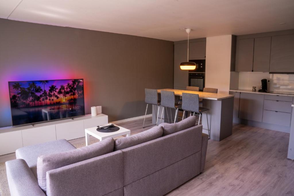 奥斯陆Modern and Central Apartment, 6 mins to Oslo City的带沙发的客厅和厨房