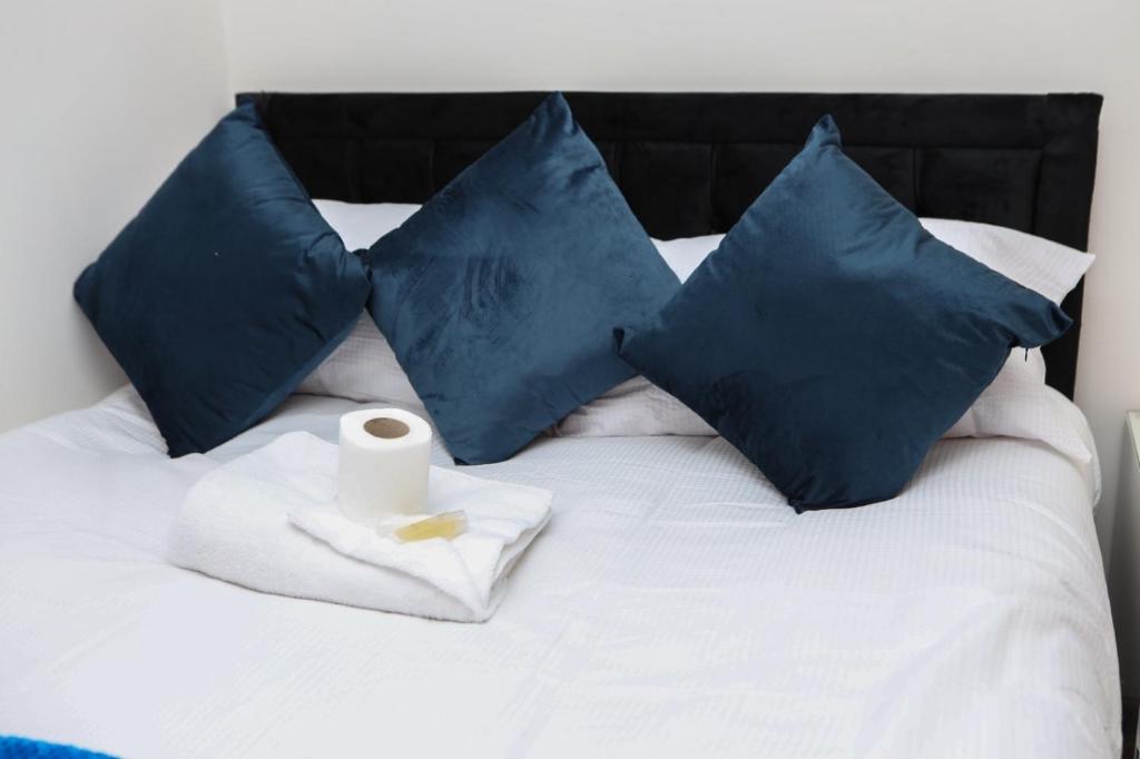 查塔姆CHATHAM GUEST HOUSE的一张带蓝色枕头的床、一条毛巾和一卷卫生纸