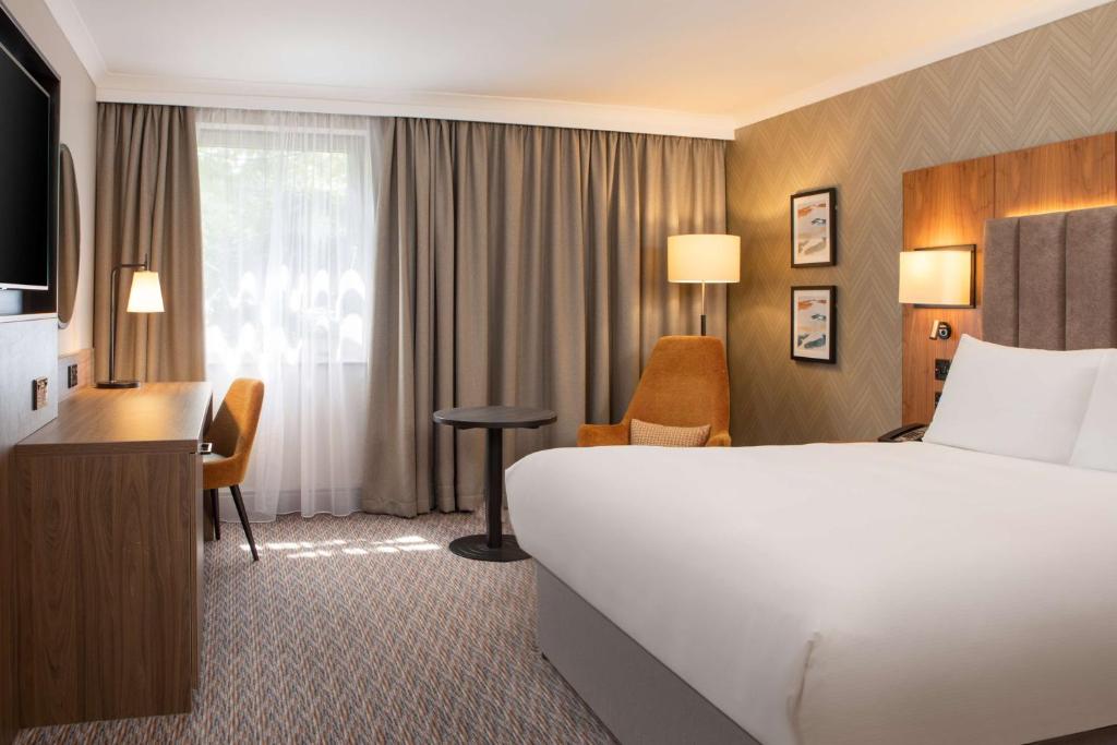 南安普敦南安普敦希尔顿逸林酒店的酒店客房设有一张大床和一张书桌。