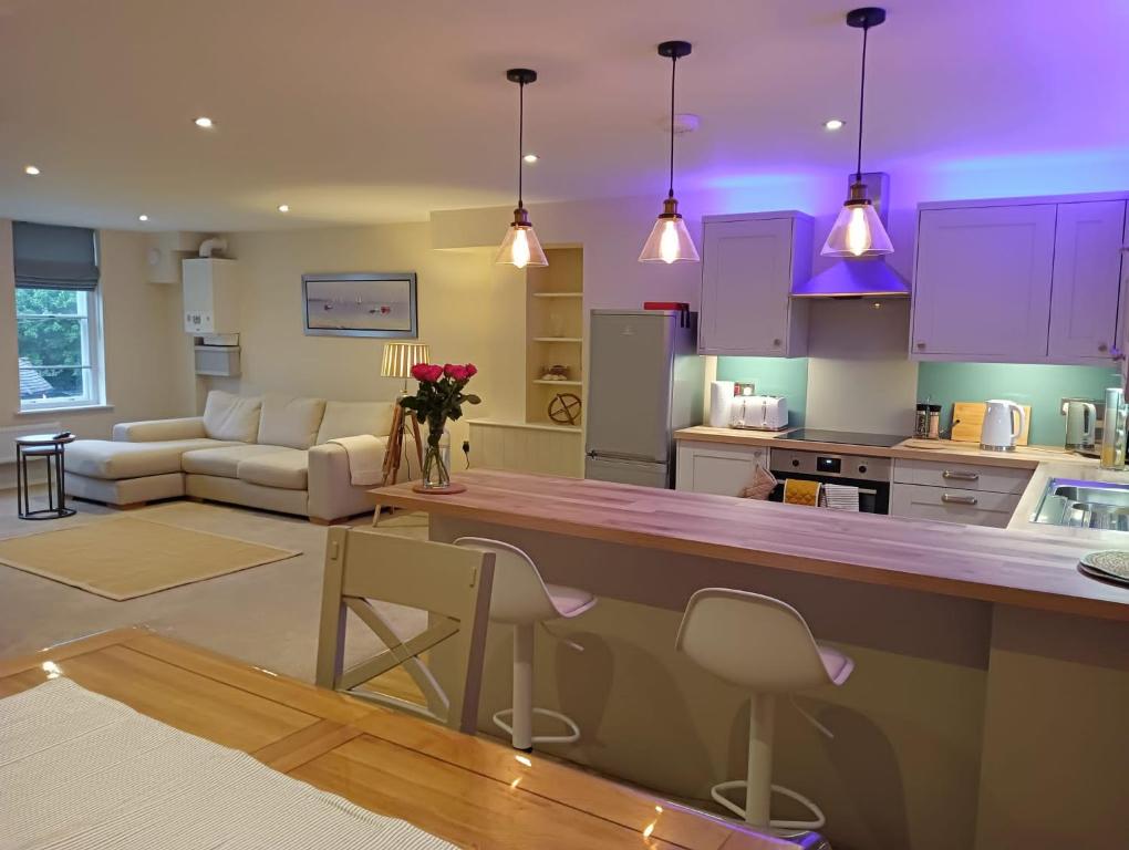 索尔兹伯里Executive Barchester House Apartment的厨房和带紫色照明的客厅