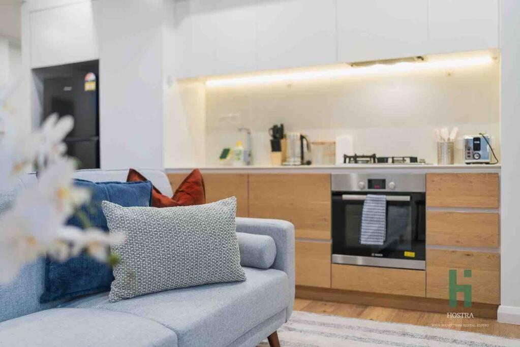 悉尼Blue Nest 2B2B modern Apt Sydney的一间带蓝色沙发的客厅和一间厨房