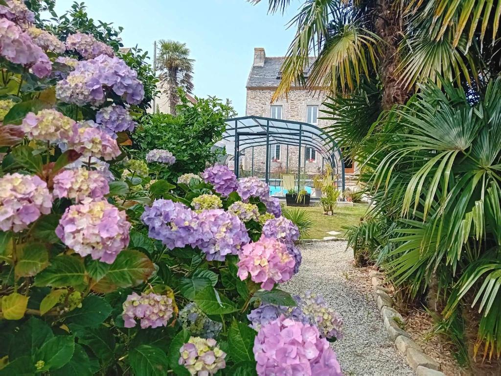 Le Manoir de Kérofil ** Gîte et chambres d'hôtes **的一座花园,在一座建筑前种有紫色花卉