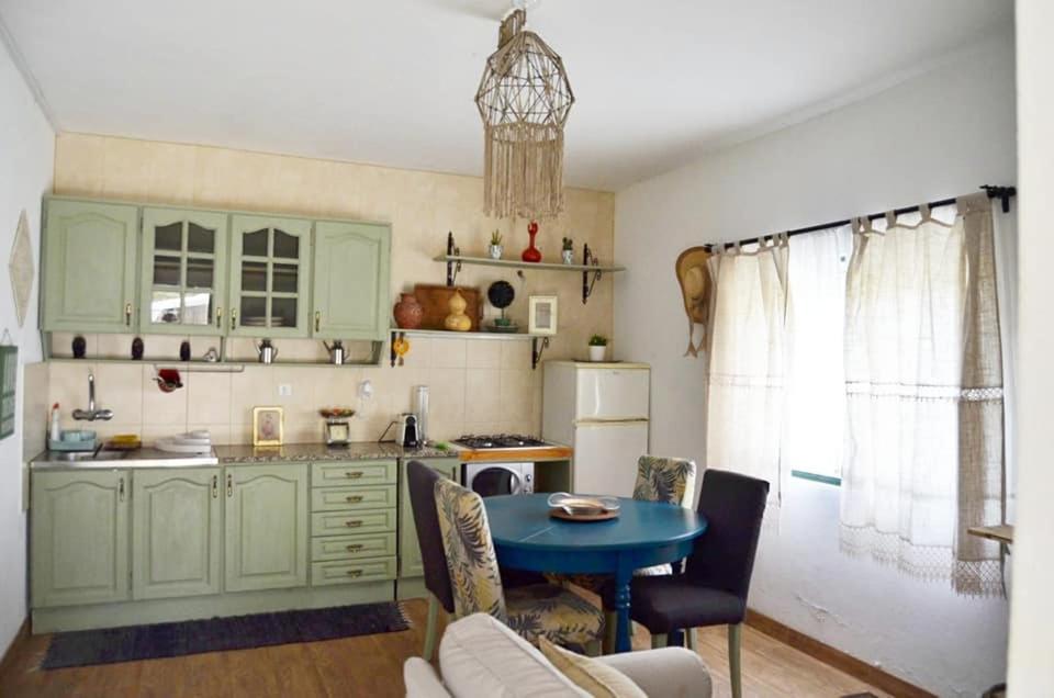 蒙塔吉尔Casinha Amarela的厨房配有绿色橱柜和蓝色桌子