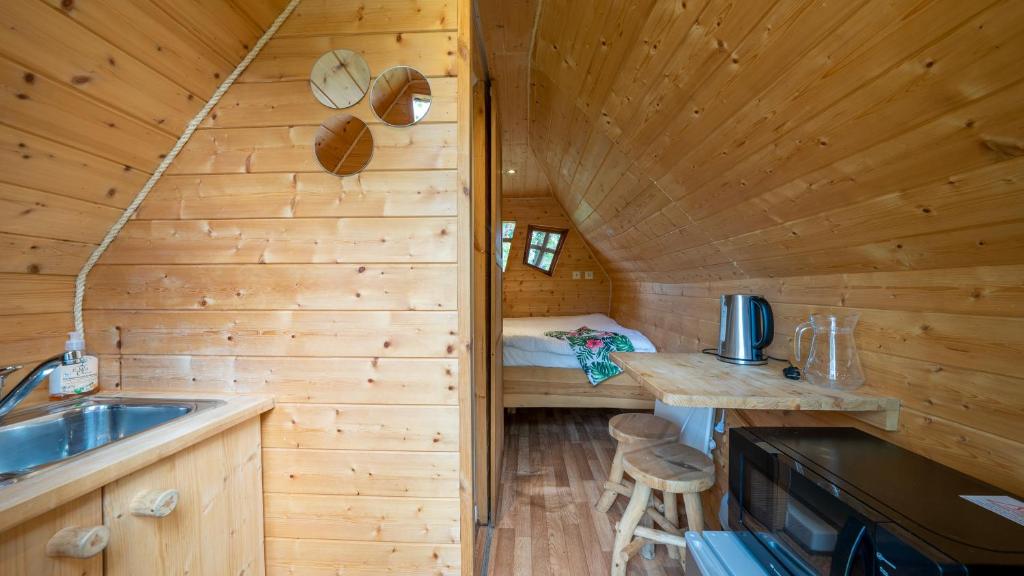 Chassenard德磨伊西尔斯庄园乡村船屋的小木屋厨房配有水槽和床