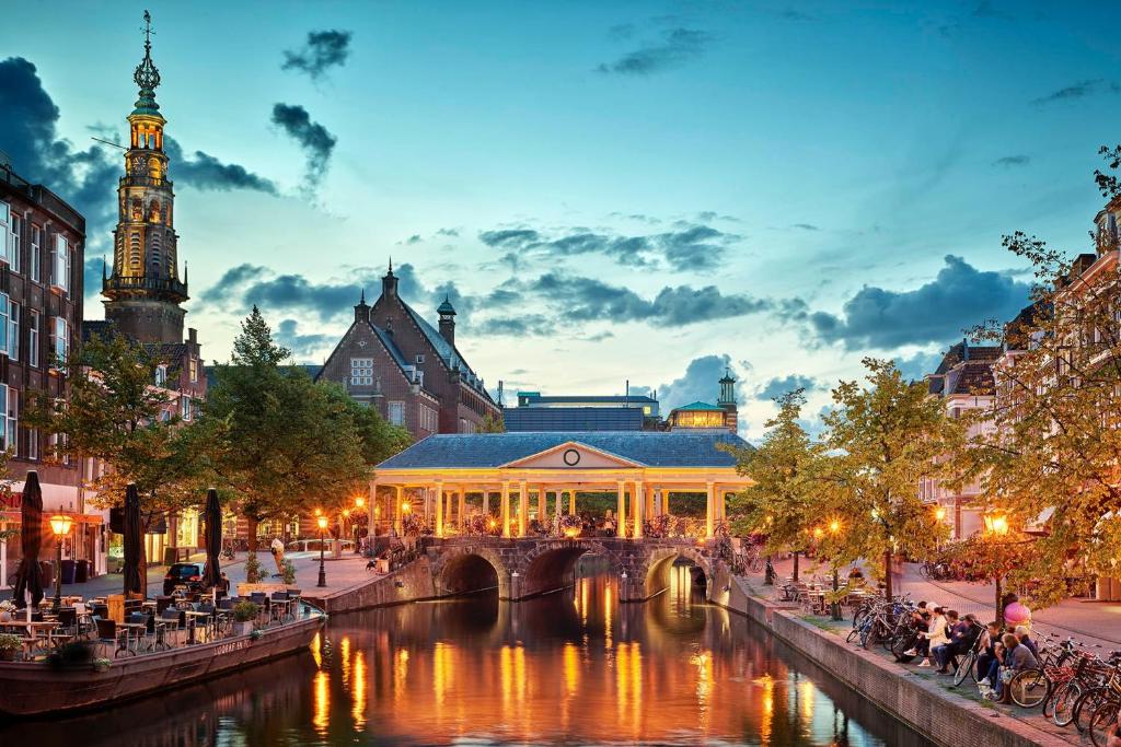 莱顿Leiden City Centre Canal View or Terrace View Apartments的一座城市里一座有桥的建筑物