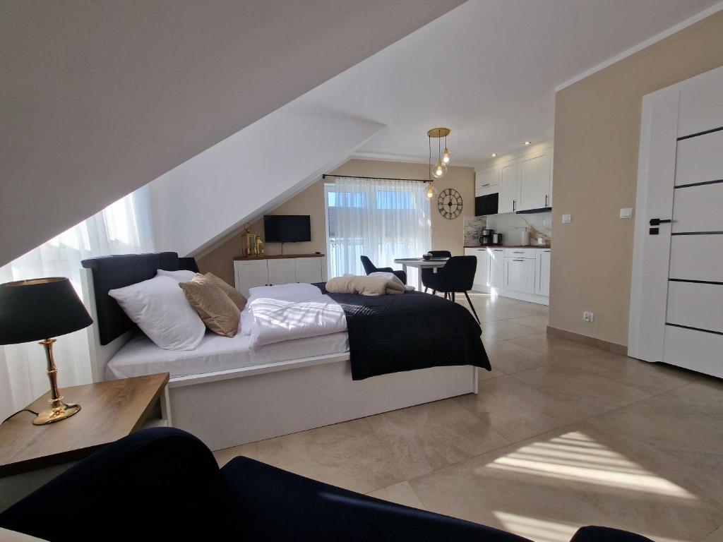 达尔沃沃Apartamenty Malaga II的一间卧室设有一张床和一间客厅。
