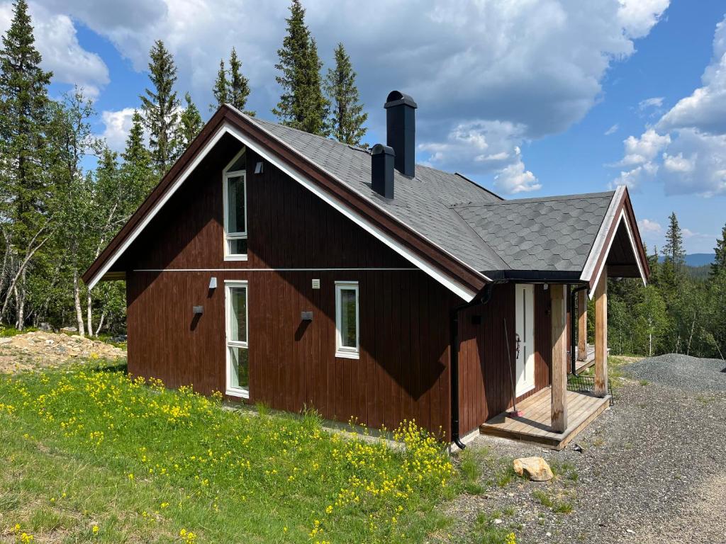 Nord TorpaSykkelhytte ved Slåtten i Synnfjellet的黑色屋顶的棕色房子