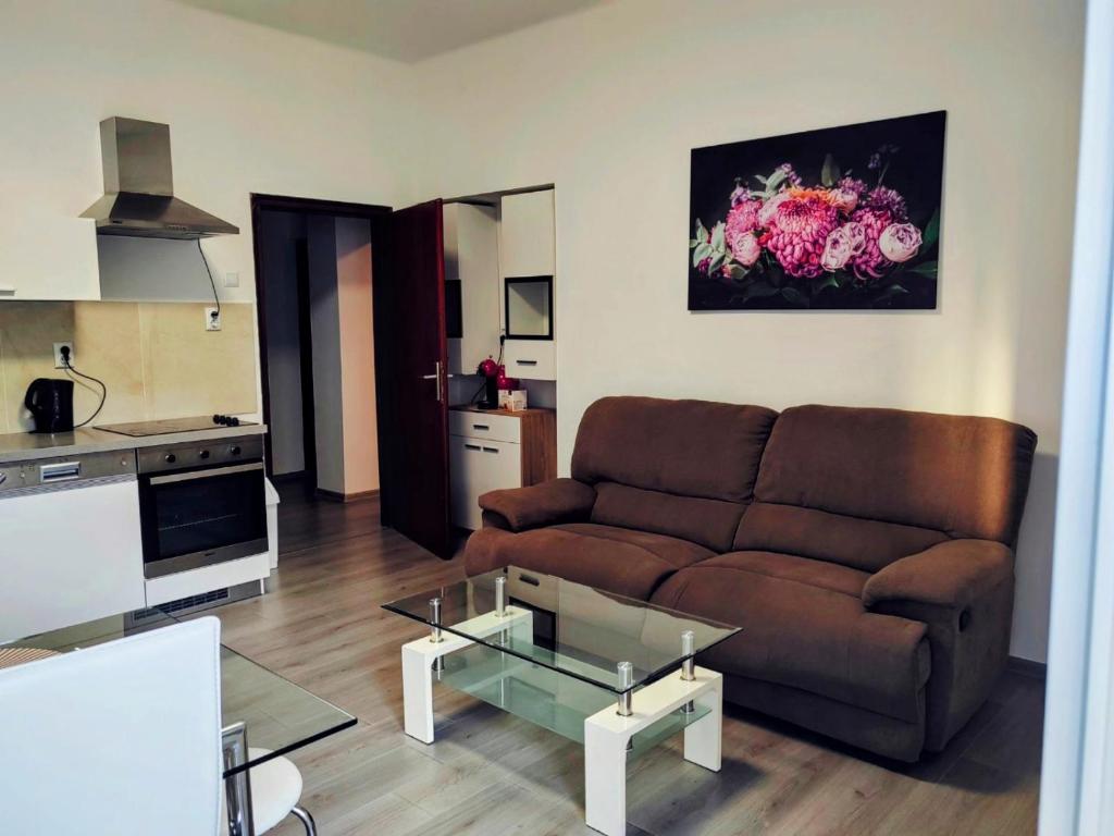 里耶卡Apartman Di Matea的客厅配有棕色沙发和桌子