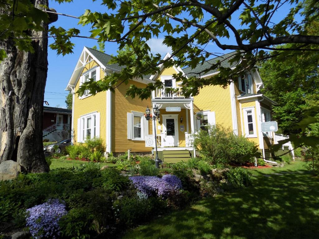 梅戈格祖宅住宿加早餐旅馆的院子里的黄色房子,鲜花盛开