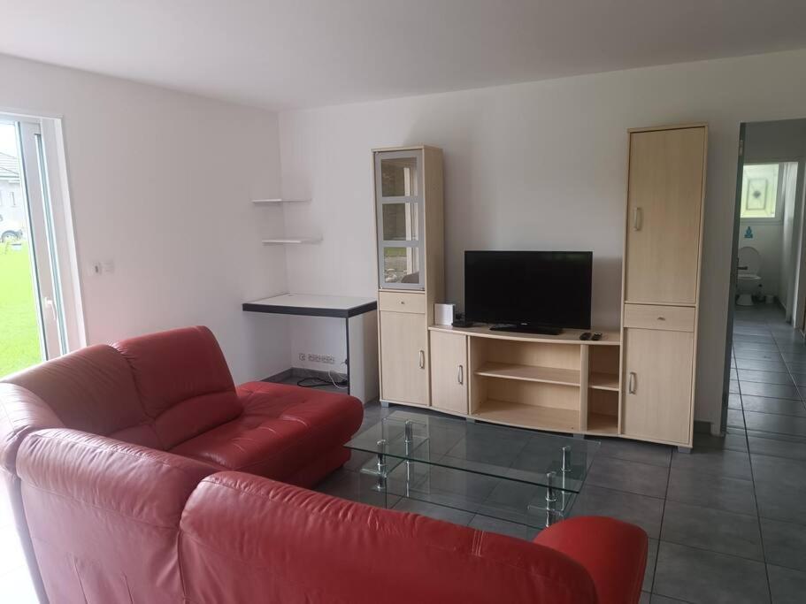 AssonJolie villa 20min de Lourdes的客厅配有红色沙发和电视