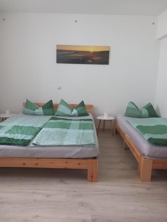 塞布尼茨Ferienwohnung Waldblick mit Balkon的一间卧室配有两张带绿色枕头的床