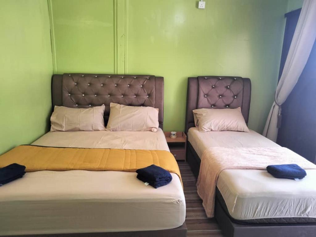 停泊岛OCEANBOYS INN的绿墙客房内的两张床