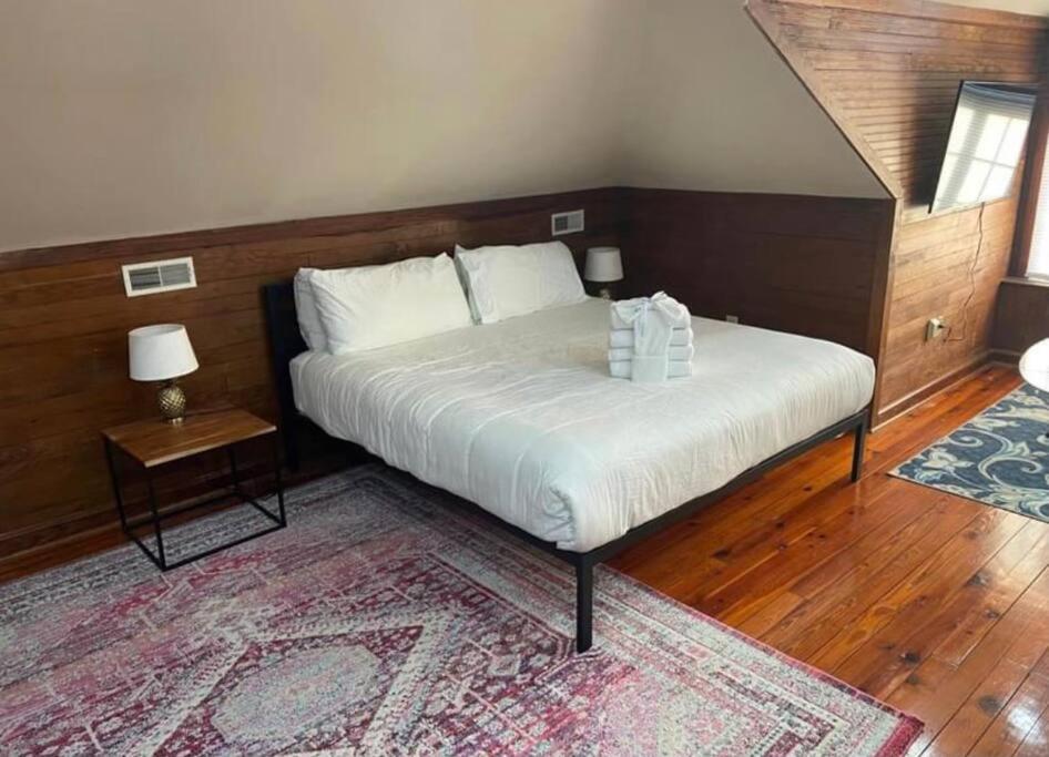 查尔斯顿Eclectic Third Floor Apartment的一间卧室配有一张大床和地毯。