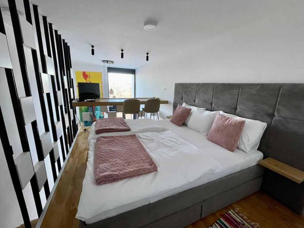 别拉什尼察Bjelasnica Tuzlaks Apartment -SAUNA-free parking的一间卧室配有一张大床和枕头