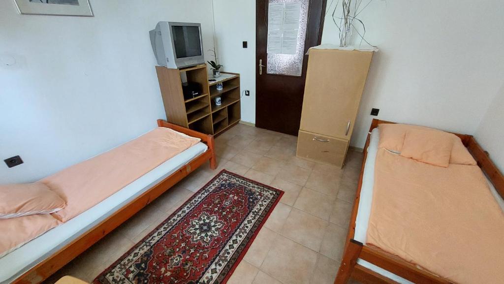 陶波尔曹Malom-tavi vendeghaz的客房设有两张床、一台电视和一张地毯。