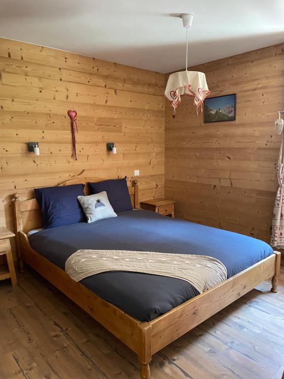 尚帕尼恩瓦努瓦茲T2 vue sur le parc de la vanoise的一间卧室配有一张带木墙的大床