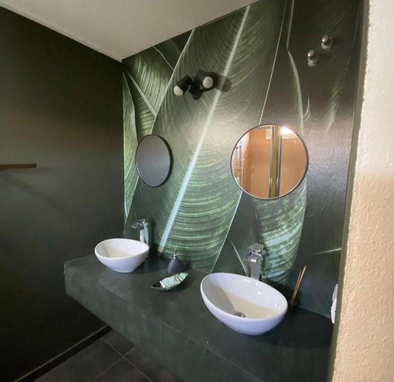 库拉布罗切罗镇Cañas Suites Villa Cura Brochero的浴室设有2个水槽和镜子
